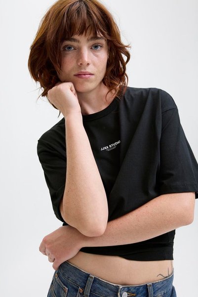 Jack & Jones Kadin Gögüs Baskili Loose Fit Bisiklet Yaka Tisört - Studio