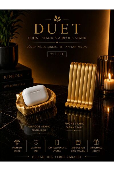MİNİKOM`S DUET | AIRPODS STANDI 1 ADET TELEFON TUTACAĞI 1 ADET GOLD ŞIK TASARIM