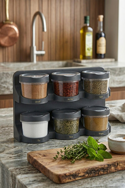 Emofom 6-Piece Spice Set with Stand and Spoons Gray (24 Pieces with Label Gift)