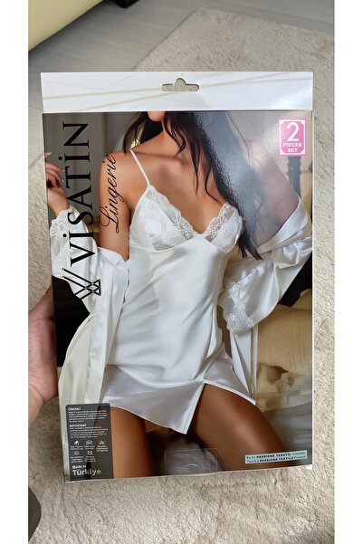 Visatin Lingerie Visatin Women's White Satin Nightgown Dressing Gown Set - 2 Piece Dowry Lace Satin Set