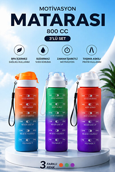 Badem10 Motivasyon Matara 800 ml 3’lü Set Sızdırmaz BPA İçermez Spor Su Şişes...