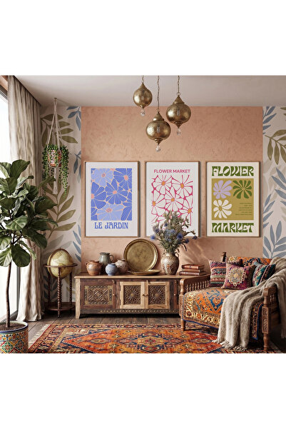 KOLAJTASARIM Συλλογή Retro Flower Market, Σετ 3 ζωγραφικών έργων με ξύλινο πλ...