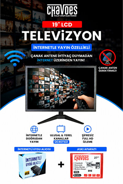 Chavoes 19'' LCD TV-Monitör + İnternetli Uydu Alıcısı + Askı Aparatı | Çanaks...