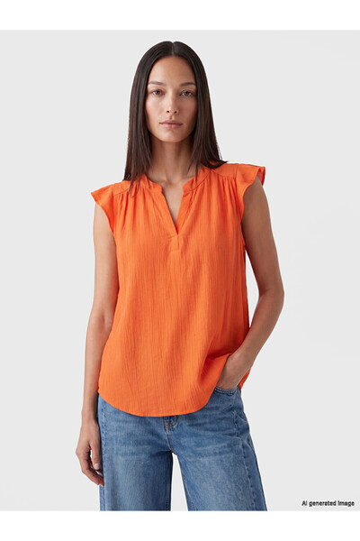LC Waikiki Lcw Everyday Orange Collared Gathered Blouse