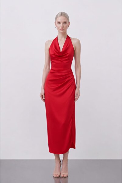 ŞAKOO Scarlet Kırmızı Halter Yaka Drape Midi Elbise