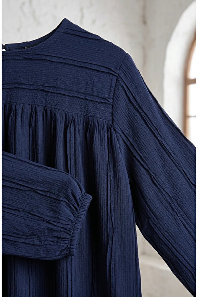 sefamerve Ruffle Detailed Elastic Sleeves Hijab Dress 0560-05 Navy Blue