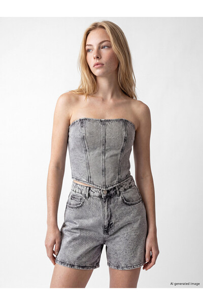 LC Waikiki I Strapless Roba Collar Stoned Crop Jean Blouse from Freezen Store