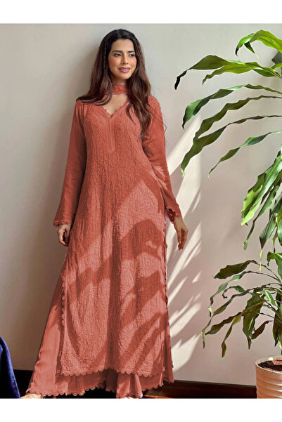 MYSMAR Rust Brown Faux Georgette Salwar Kameez & Dupatta Set - HRT5439 | Rust...