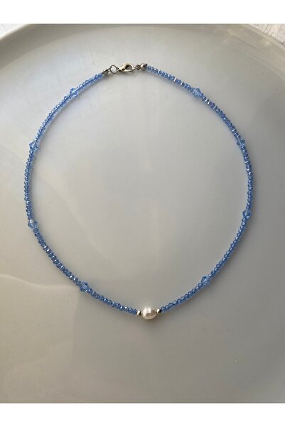 Anetta Jewelry Kadın mavi kristal boncuklu incili kolye