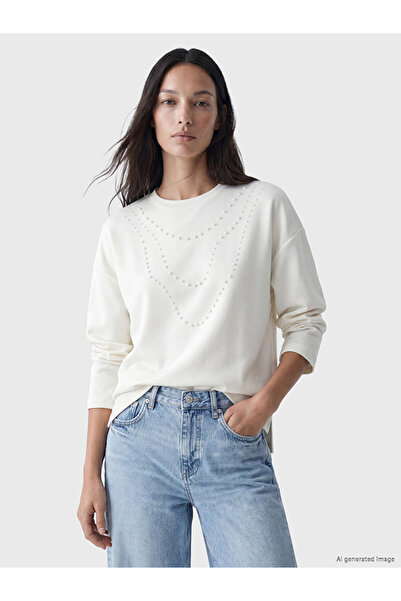 LC Waikiki Vizyon New Season White Pearl Embroidered Soft Touch Women's Tunic