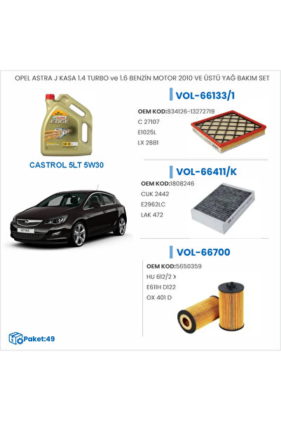 Opel ASTRA J KASA 1.4 TURBO ve 1.6 BENZİN MOTOR 2010 VE ÜSTÜ YAĞ BAKIM SETİ
