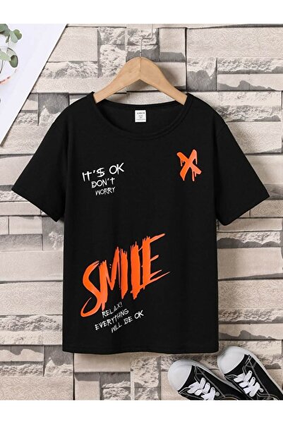 TİMİSİVA Unisex Oversized Printed Crew Neck Short Sleeve Black T-Shirt