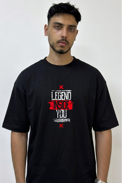 Anetos Legend Red Grunge Design Printed Oversize Black T-Shirt