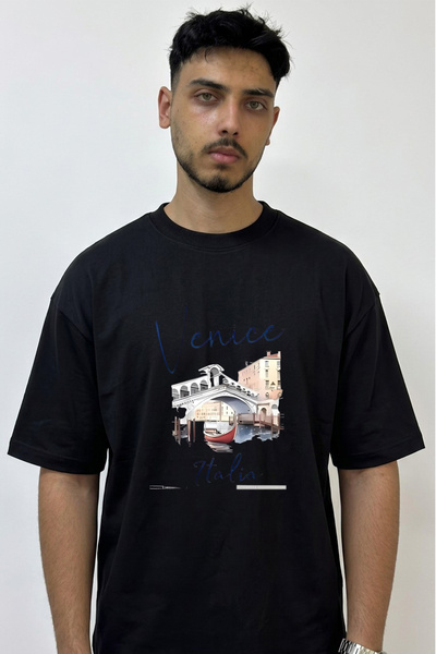 Anetos Venice Italy Design Printed Oversize Black T-Shirt