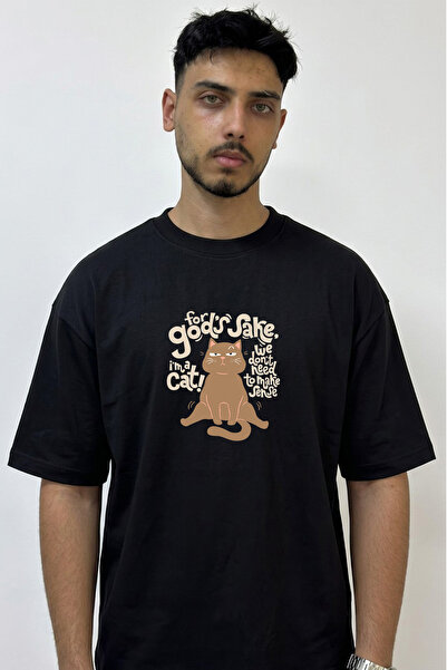 Anetos Grumpy Cat Design Printed Oversize Black T-Shirt