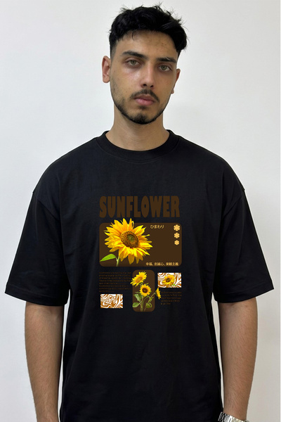 Anetos Sunflower_1 Design Printed Oversize Black T-Shirt