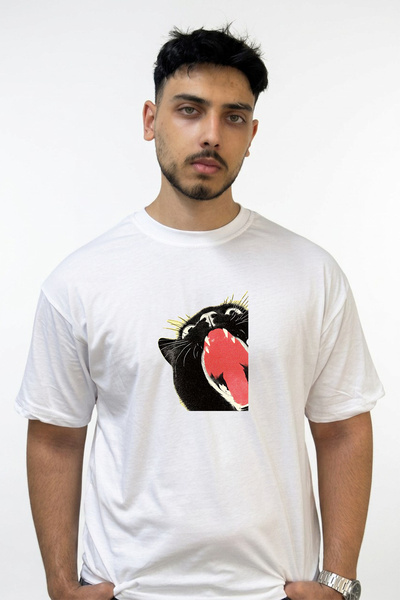 Anetos Λευκό μπλουζάκι με στάμπα Le Chat Noir Design σε μεγάλο μέγεθος