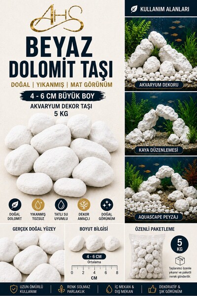 AHS Beyaz Dolomit Taşı 5KG (4-6 CM) | Büyük Boy Peyzaj & Bahçe Dekor Taşı | M...