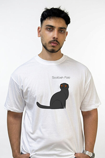 Anetos Scottish Fold Design Printed Oversize White T-Shirt