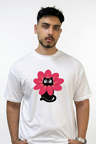 Anetos Floral Cat Design Printed Oversize White T-Shirt