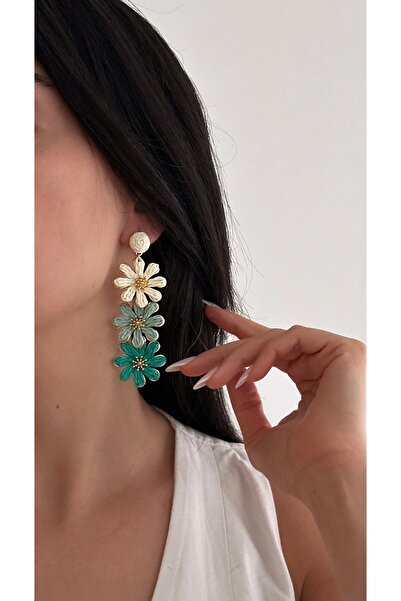 AychaAksesuar Green Cream Tones Straw Pendant Dangle Floral Earrings Flower E...