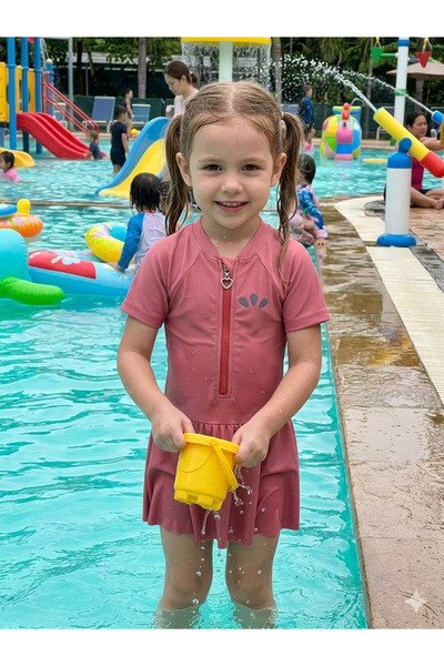 Purple Kids Kız Çocuk Pembe Kısa Kol Etekli Mayo