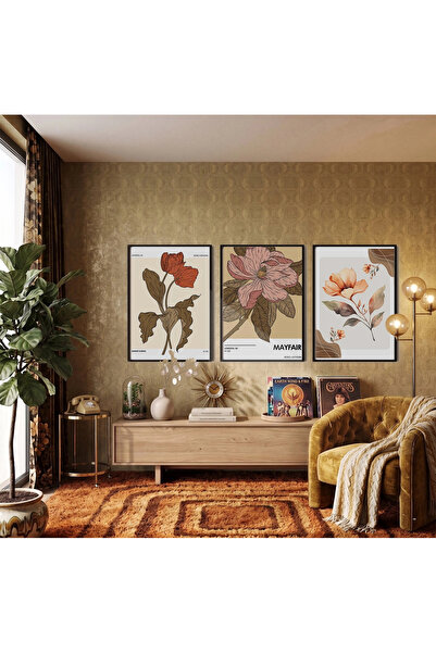 KOLAJTASARIM Set de 3 tablouri cu flori botanice retro, înrămate în negru, ta...