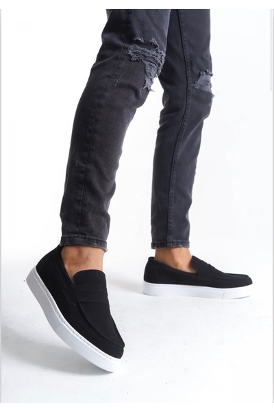 TUGERDİ Black Suede White Sole Belted Laceless Style Men's Shoes Tge230730