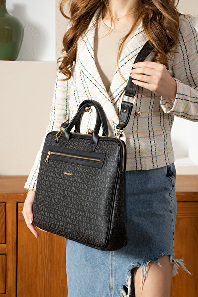 Just Polo Women's Black Hand and Shoulder Bag with Monogram Print