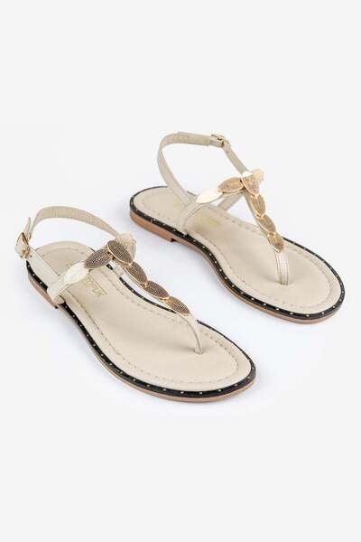 ALTIN TOPUK Beige Genuine Leather Women's Sandals with Gold Buckle Detail