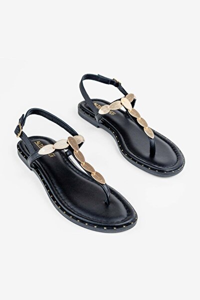 ALTIN TOPUK Black Genuine Leather Flip-Flop Women's Sandals with Gold Buckle ...