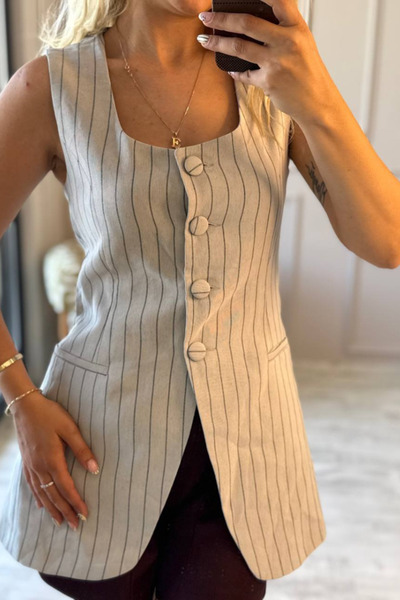 BeeYouStudio Women's Striped Patterned Lined Square Collar Buttoned Vest