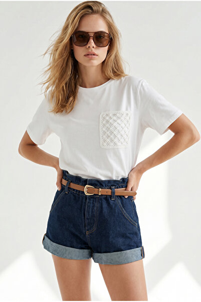 Olalook Women's White Pocket Detailed Boyfriend Cotton T-Shirt Tsh-19001010