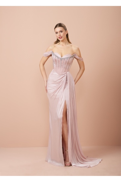 AYSHA BOUTIQUE Taş İşlemeli Drapeli Uzun Abiye Elbise