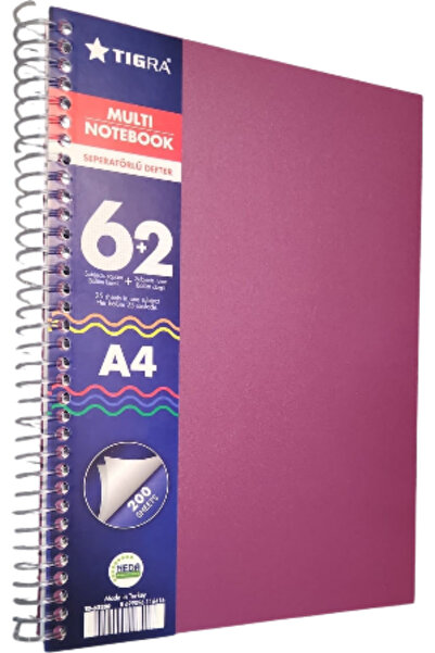 Tigra 6+2 Sections 200 Pages Plum Color Notebook 6 Squares 2 Lines Plastic Co...