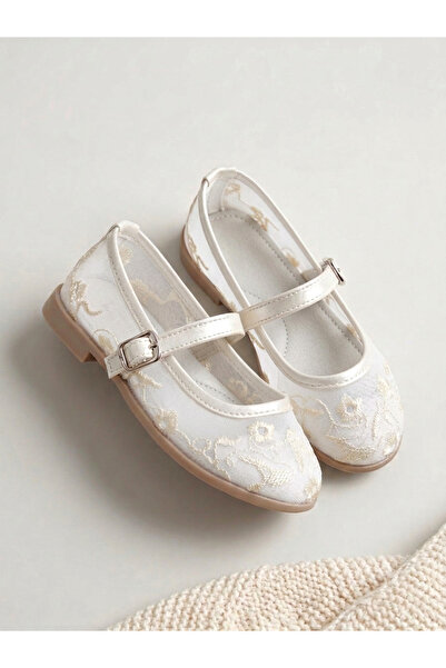 p papuccum ortopedi çocuk ayakkabıları Girl's Ecru Floral Embroidered Non-Sli...