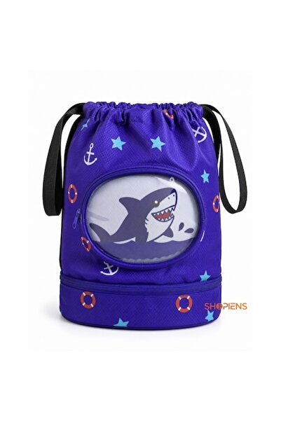 SHOPIENS Rucsac de înot albastru pentru băieți, 34x37cm, model rechin, temati...