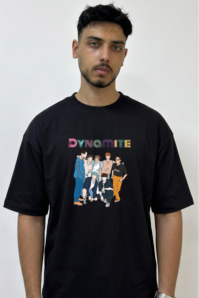 Anetos Tricou negru supradimensionat cu imprimeu BTS Dynamite Design