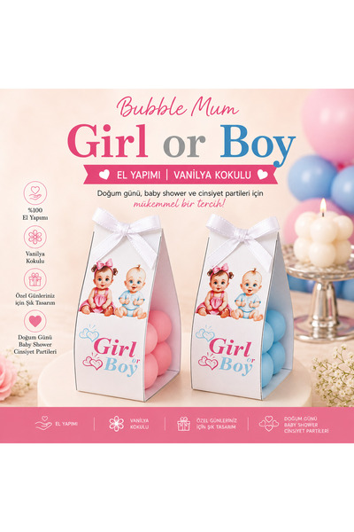 F&A Candle 20 Adet Girl or Boy Bubble Mum Hediyelik El Yapımı Vanilya Kokulu ...