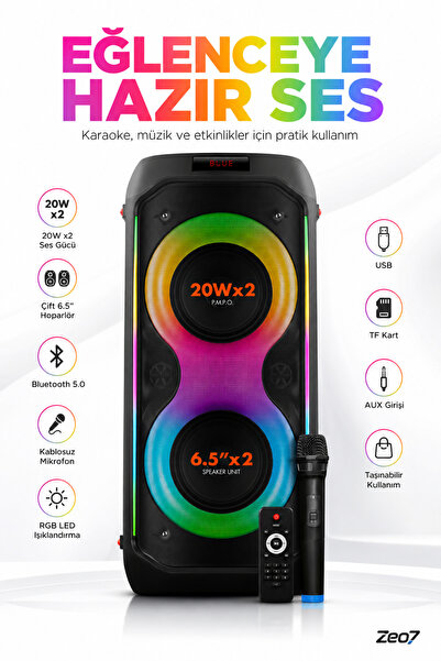 Zeo7 XL 40W Bluetooth 5.0 Karaoke Hoparlör, Kablosuz Mikrofon, RGB LED, USB/T...