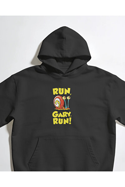 buzagi tasarım ürünleri سويت شيرت بقلنسوة أسود للجنسين من Run Gary Run Spongebob