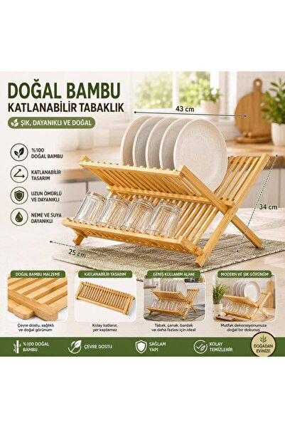 DİLAY HOME Doğal Bambu Katlanabilir Bulaşıklık | 2 Katlı Tabak ve Bardak Kuru...