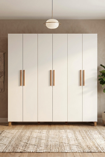 Yurudesign Yoda 6 Kapaklı Gardırop Elbise Dolabı Ahşap Ayaklı Beyaz YD1-W