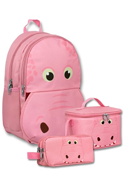 ÜMİT ÇANTA Girl's Pink Hippopotamus Shaped Triple Primary School School Bag S...