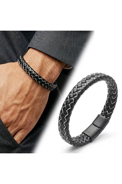 OGHAMAY Black and White Leather Mesh Steel Bracelet 18393B4D1