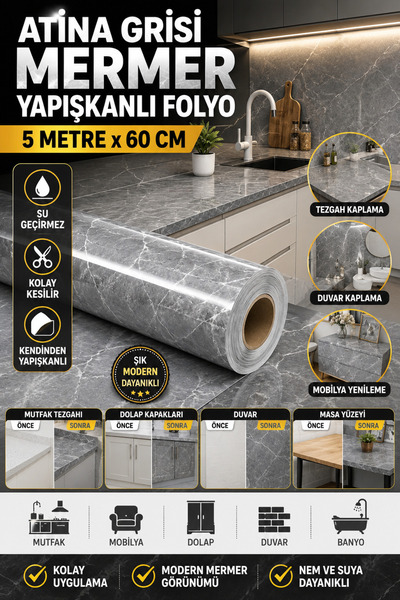 Hane Dostu Atina Grisi Mermer Desenli Yapışkanlı Folyo 60x5 Metre Su Geçirmez...