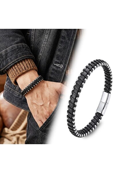 OGHAMAY Damla Steel Black Chain Leather Wrapped Men's Bracelet 18394B1D5