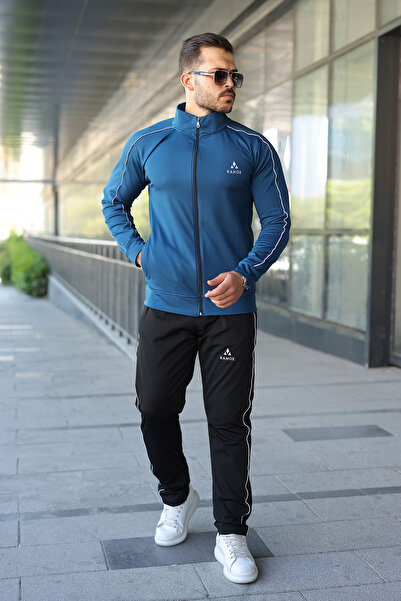 KANOX Men's Regular Fit Diving Fabric Tracksuit Set with Oil Stripe Detail an...
