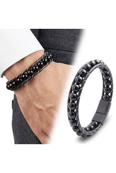 OGHAMAY Shiny Onyx Stone Braided Leather Bracelet 18392B2D8M25