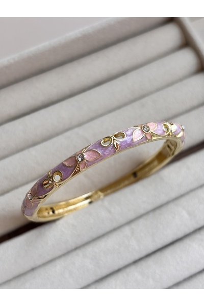 QueenJewelrry Pembe Mineli Çiçek Desenli Taşlı Kelepçe Bileklik